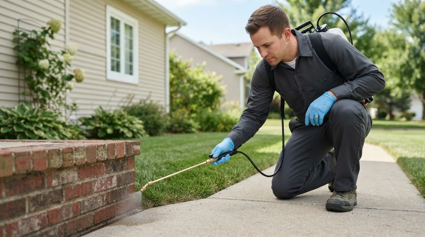 Pest control technician treating a home near Manchester, OK