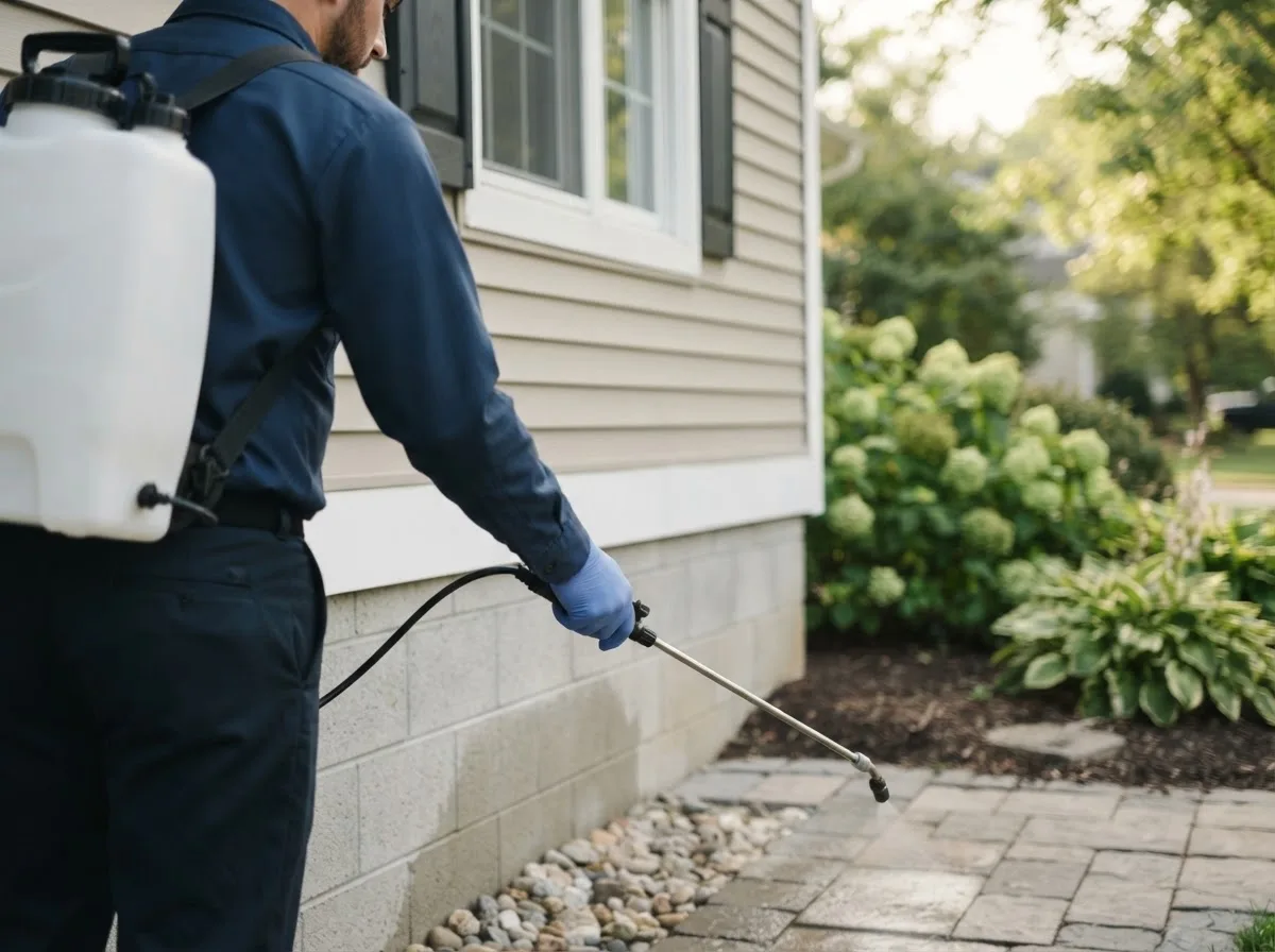 Pest control technician inspecting a home in Manchester, OK